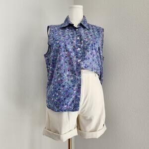 Vintage 90s Purple Blue Floral Sleeveless Button Front Top Austin Clothing XL